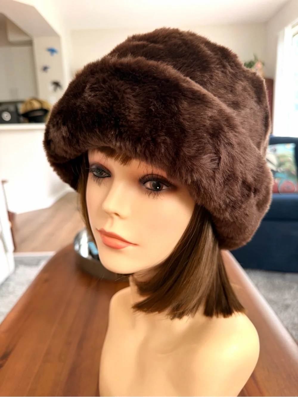 Chocolate Brown Faux Fur Bucket Cloche Hat Retro Winter Plush